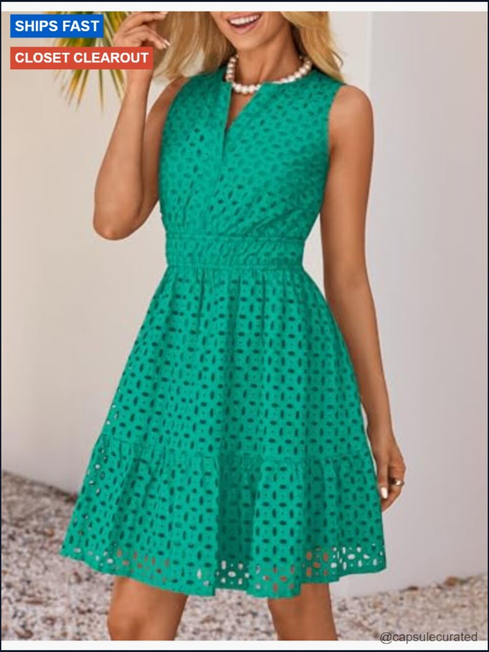 Sleeveless V-Neck Hollow Out Eyelet Mini Dress - Picture 4 of 7